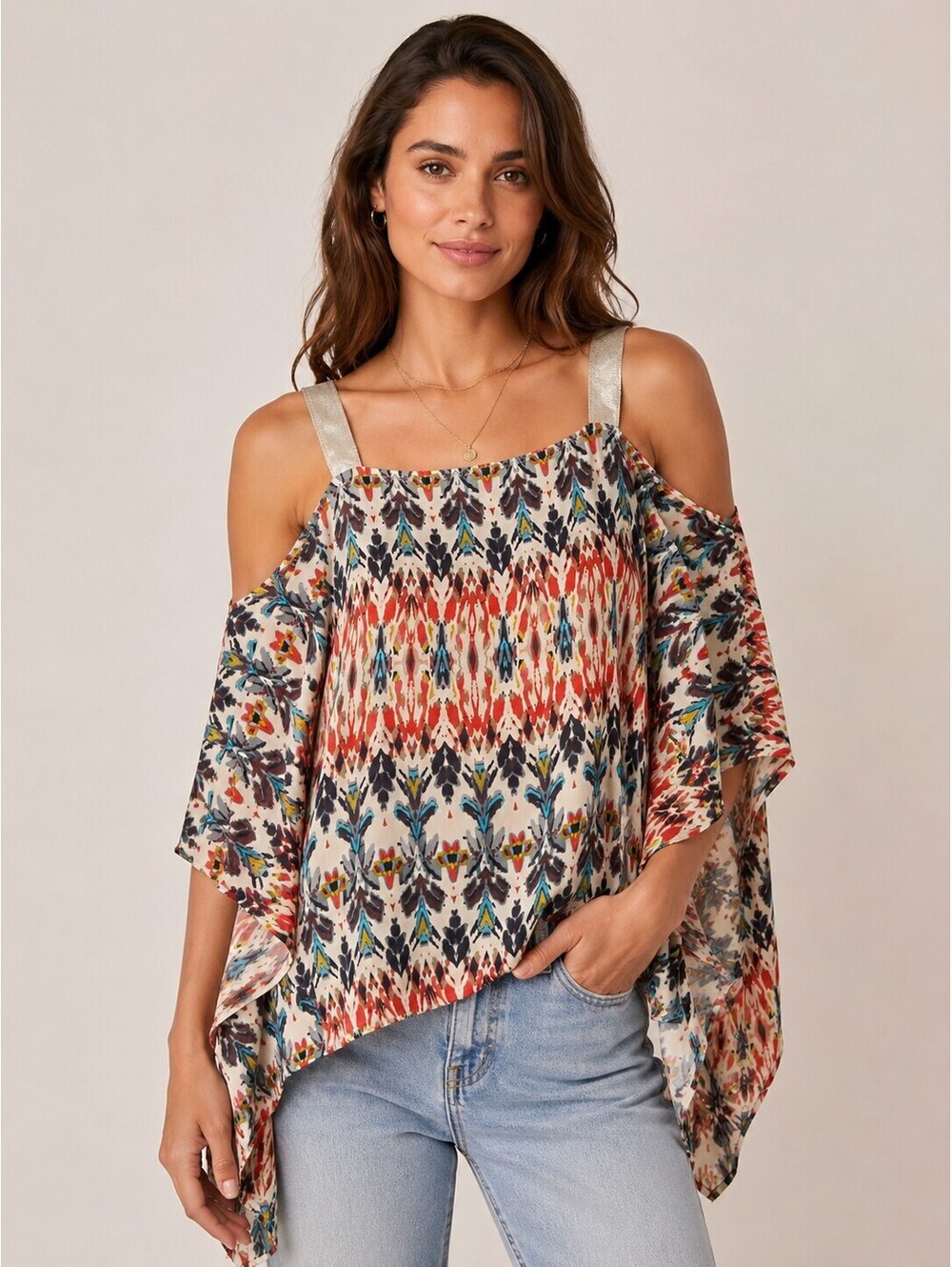 SW3 Bespoke 100% Silk Cold Shoulder Boho Ikat Top Handkerchief Sleeve